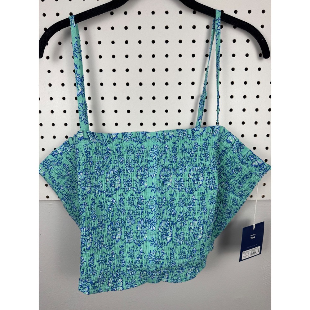 Roller Rabbit Target Aqua Blue Floral Smocked Tank Top 1X Convertible Straps NEW